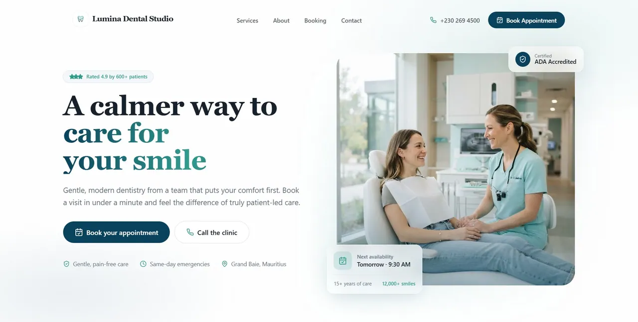 Website design concept: Appointment booking for a Mauritius dental clinic
